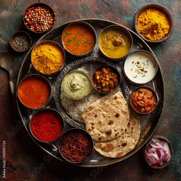 Obraz Traditional Indian Thali with Rice, Curries, Lentils, Spices, and Naan Bread on Dark Rustic Background
