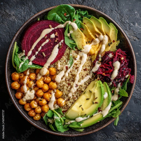 Fototapeta Healthy Vegan Buddha Bowl with Quinoa, Chickpeas, Avocado, Beets, Spinach, and Tahini Dressing on Dark Background
