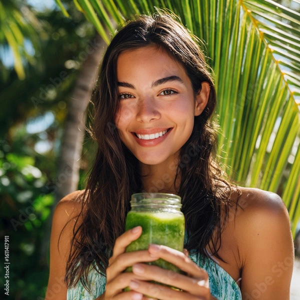 Fototapeta Smiling Woman Holding Fresh Smoothie in Tropical Setting with Palm Leaves and Natural Sunlight

