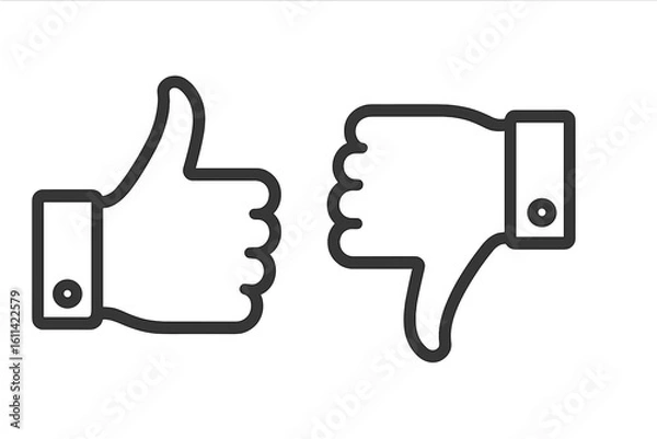 Fototapeta Thumb up and thumb down line icon set. Like and dislike, yes and no buttons. Social media feedback, approval, and disapproval symbols. Vector illustration isolated on white.