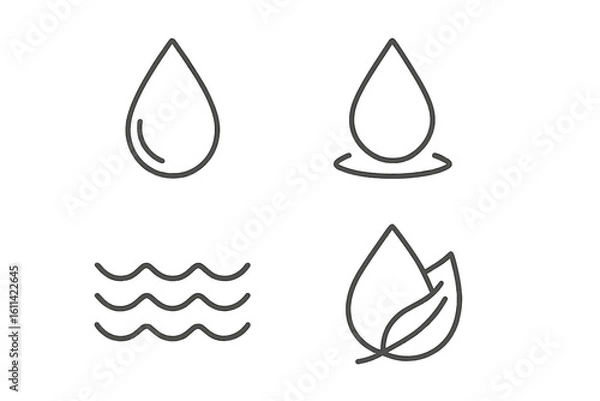 Fototapeta Water drop line icon set. Eco natural clean water concept. Simple outline pictograms for web and mobile. Liquid, wave, leaf and aqua symbols. Vector illustration.