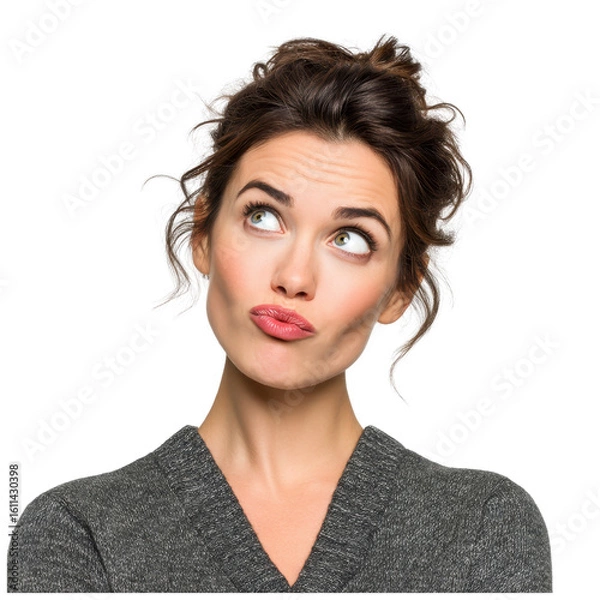 Obraz beautiful woman with curious and tilted head expression, trendy work-from-home outfit and subtle makeup, on isolated transparent background