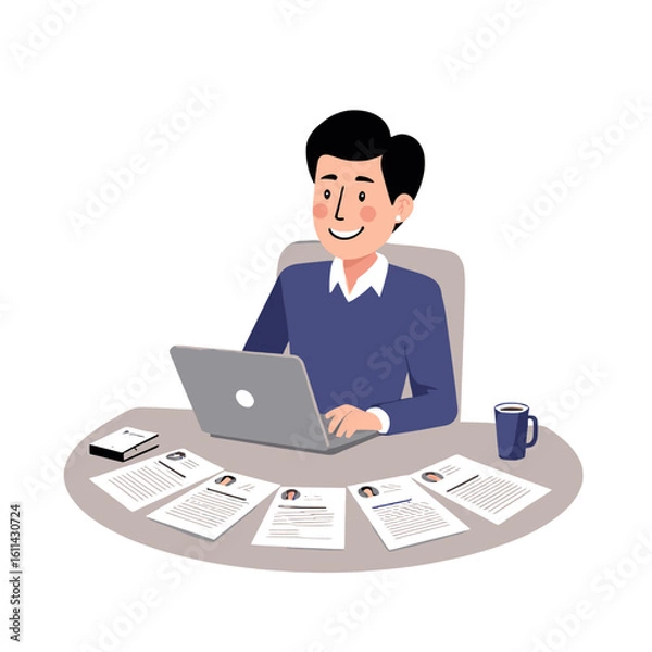 Fototapeta A man at a desk uses a laptop amid resumes and a mug