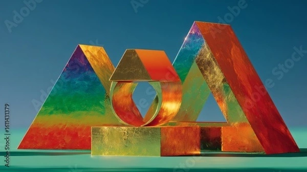 Fototapeta Colorful Metallic Geometric Shapes on Green Surface Under Blue Sky