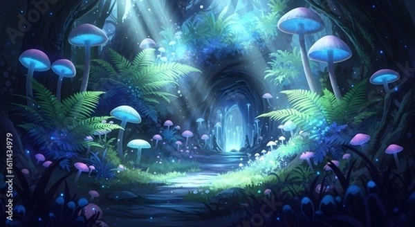 Fototapeta Enchanting Forest Path A Surreal Landscape of Glowing Mushrooms and Lush Foliage