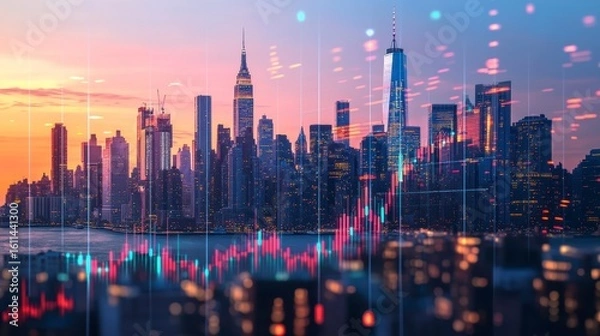 Obraz New York City skyline at sunset with superimposed stock market graph.