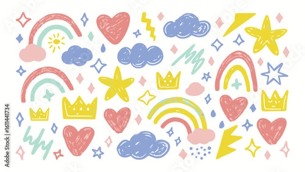 Fototapeta Joyful crayon doodles of abstract symbols like hearts, crowns, stars, and clouds blending nature with fun in a magical and youthful artistic expression.