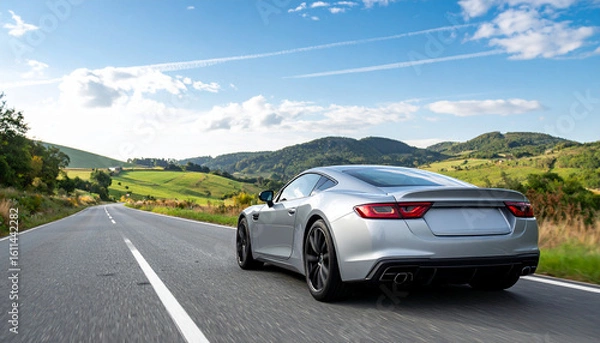 Fototapeta Modern Silver Sports Car Driving Along a Countryside Road with Rolling Hills in the Background, Blending Performance with Scenic Natural Beauty


