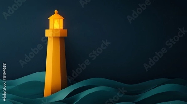 Fototapeta A stylized yellow lighthouse stands amidst rolling blue waves against a dark blue background, symbolizing guidance and safety at sea.