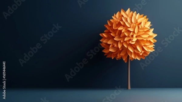 Fototapeta A minimalist image of a single tree with bright orange foliage against a dark blue background, casting a soft shadow on the floor.