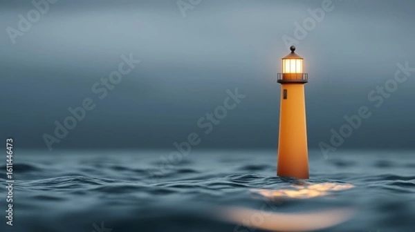 Fototapeta A solitary lighthouse stands resilient in a calm sea under a moody, overcast sky, its light glowing warmly amid the cool blue tones.
