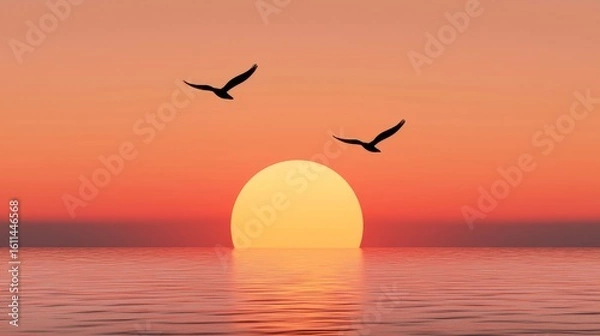 Fototapeta A serene sunset over calm ocean waters with two birds gliding peacefully in the orange and pink sky.
