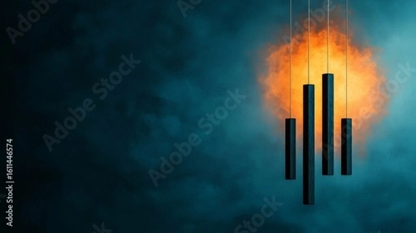 Fototapeta A modern, black wind chime with five bars hangs in front of a bright orange glowing background against a dark blue smoky backdrop.