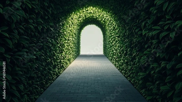Fototapeta A light-filled archway carved through dense green foliage leads to an open, bright space, symbolizing hope, transition, and nature"s embrace.