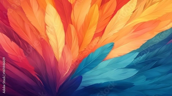 Fototapeta Abstract digital art featuring vibrant, multicolored feather-like shapes in warm reds, oranges, yellows, and cool blues, creating a dynamic and flowing composition.