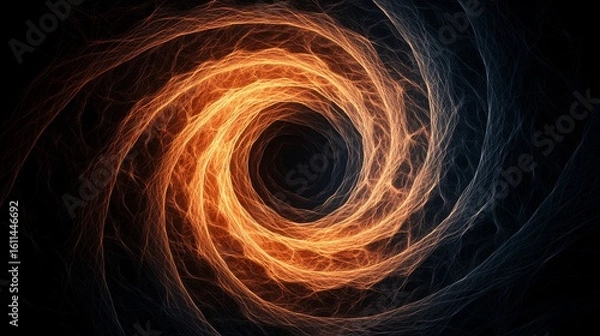 Fototapeta A digitally created fiery vortex with swirling orange and yellow flames spiraling into a dark central void on a black background.