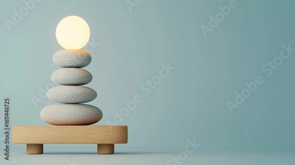 Fototapeta A serene stack of four smooth stones topped with a glowing orb, balanced on a wooden platform against a soft blue background.