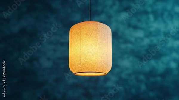 Fototapeta A single warm, glowing hanging paper lantern against a dark, textured blue background.