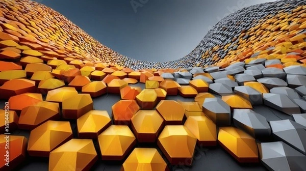 Fototapeta Abstract Orange and Gray Hexagonal Pattern on Curving Surface in Modern Digital Art Style