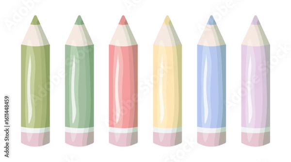 Fototapeta Set of six pastel colored pencils in a cartoon style. Cute and minimalistic illustration for kids, school design, stationery, or creative projects. Isolated on white background.