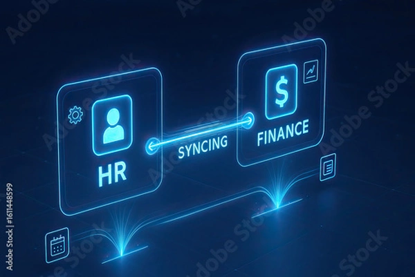 Obraz Human resource and finance data syncing concept with glowing blue digital icons and symbols connected by light beam on dark background