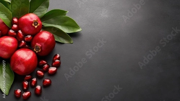 Fototapeta Fresh pomegranates with leaves on dark background