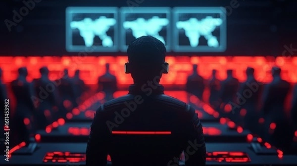 Fototapeta A person monitors multiple digital world maps on screens in a dimly lit, high-tech control room with red and blue lighting.
