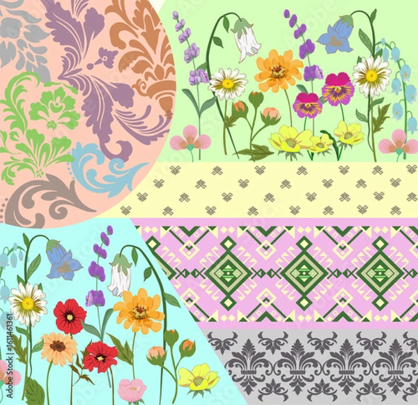 Obraz Integrating Retro Floral and Ethnic Patterns with Damask and Folk Motifs in Pastel Artistic Composition
