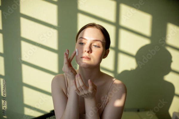 Fototapeta Radiant Woman Applying Skincare in Soft Morning Light with Shadow Patterns on Green Wall