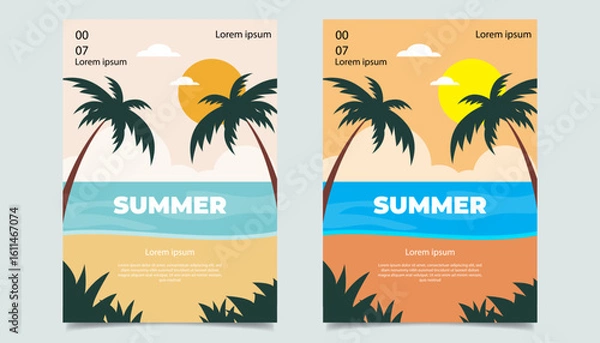 Fototapeta A minimal and colorful summer flyer design featuring palm trees, hammock, sea, clouds, and sun in a tropical beach setting. Perfect for summer event promotions, advertisements, and seasonal marketing 