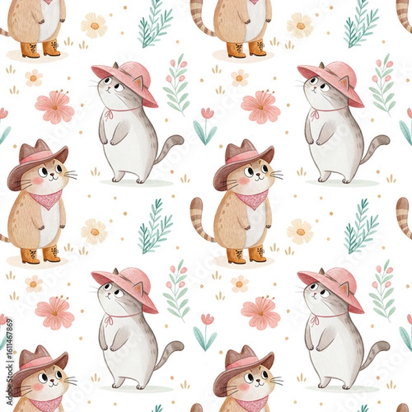 Fototapeta seamless watercolor pattern cat on white background