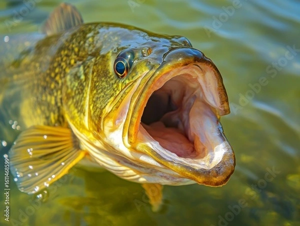 Fototapeta The fish is a large one with open mouth and scales visible on body. It appears to be just caught by a fisherman.