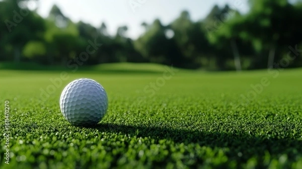 Fototapeta A golf ball lies in the sunlight on a lush green, surrounded by the well-groomed grass of a golf course. A tranquil scene set against a backdrop of mature trees