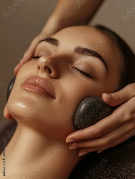 Fototapeta A woman's face being pampered with a facial massage at a spa. Her eyes are closed in relaxation.