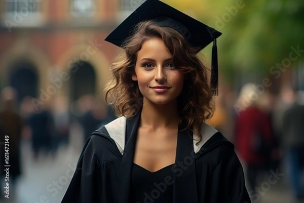 Fototapeta Happy graduating student wearing cap and gown posing at university campus