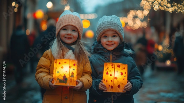 Fototapeta Happy children holding handmade paper lanterns during a St. Martin's Day parade at dusk, walking through a cozy autumn street filled with warm glowing lights. Banner with copy space