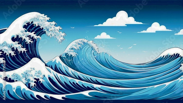 Fototapeta Abstract blue wave line pattern background with japanese influence