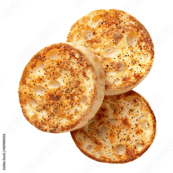 Fototapeta Golden Toasted English Muffins with Visible Holes and Crispy Texture