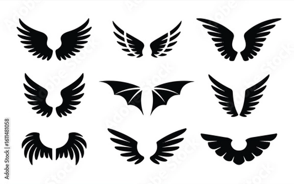 Obraz Various wing silhouette vector set with angel, demon and bird wings for logo or tattoo design.