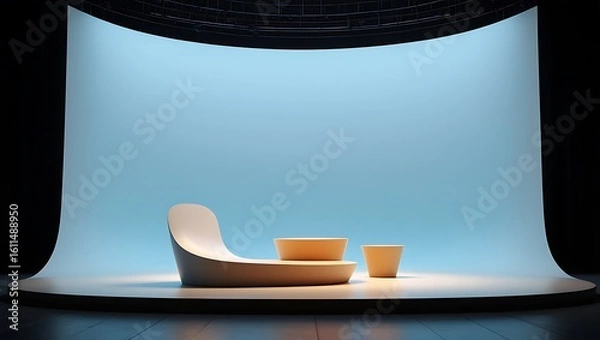 Fototapeta Minimalist studio setup featuring a curved white chair and two small wooden stools against a soft blue backdrop with dramatic lighting