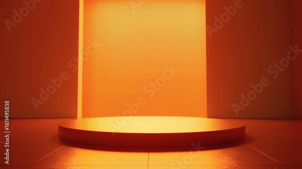 Fototapeta Illuminated orange pedestal display in a minimalist setting.