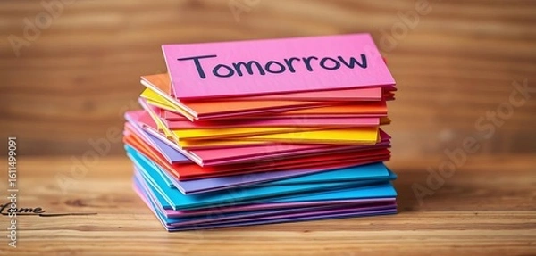 Fototapeta Stack of colorful cards with "Tomorrow" written on each, representing procrastination,   messy,   delaying