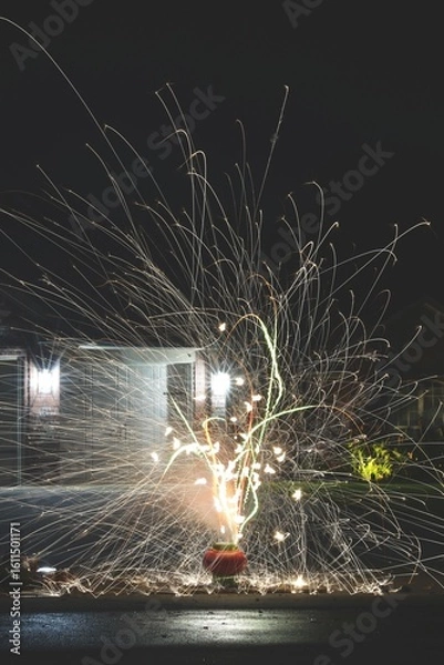 Fototapeta Long exposure image of firework fountain in a neighborhood