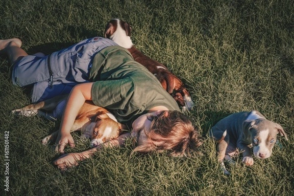Fototapeta Pit bull and border collie mix puppies play with a little boy in the grass