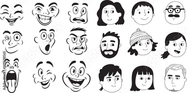 Obraz Collection of Diverse Cartoon Faces Expressing Varied Emotions Black and White Line Art Style