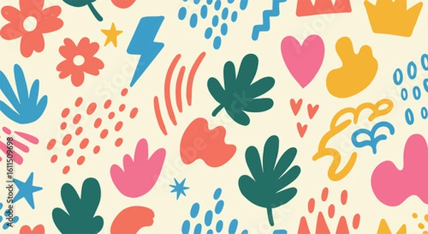 Fototapeta Playful seamless pattern with vibrant abstract shapes including flowers, leaves, hearts, and lightning bolts on cream