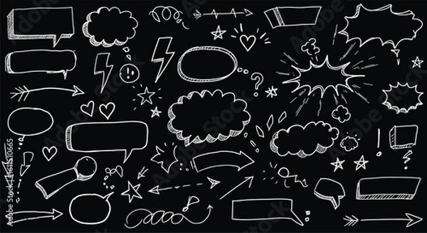 Fototapeta Expressive hand-drawn white doodle elements on a black background, featuring speech bubbles, arrows, and stars.