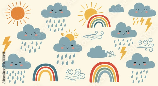 Fototapeta Charming collection of hand-drawn weather icons with smiling clouds, bright suns, colorful rainbows, and energetic lightning on a pale yellow background