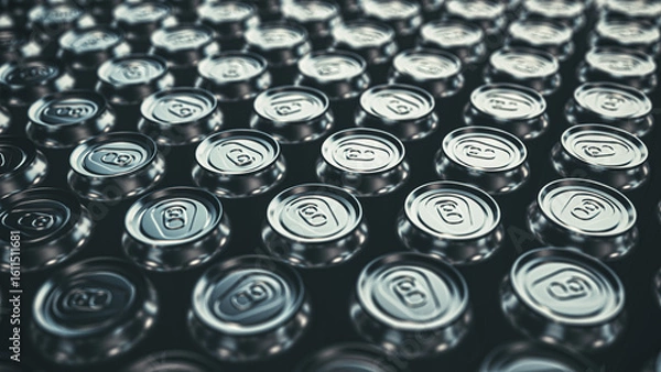 Fototapeta Mass Production of Empty Silver Aluminum Soda Cans – Clean Industrial Pattern for Beverage Manufacturing and Recycling Concepts

