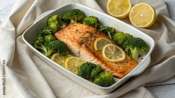 Obraz keto meal presentation concept. Baked salmon with broccoli and lemon served on a beige cloth.